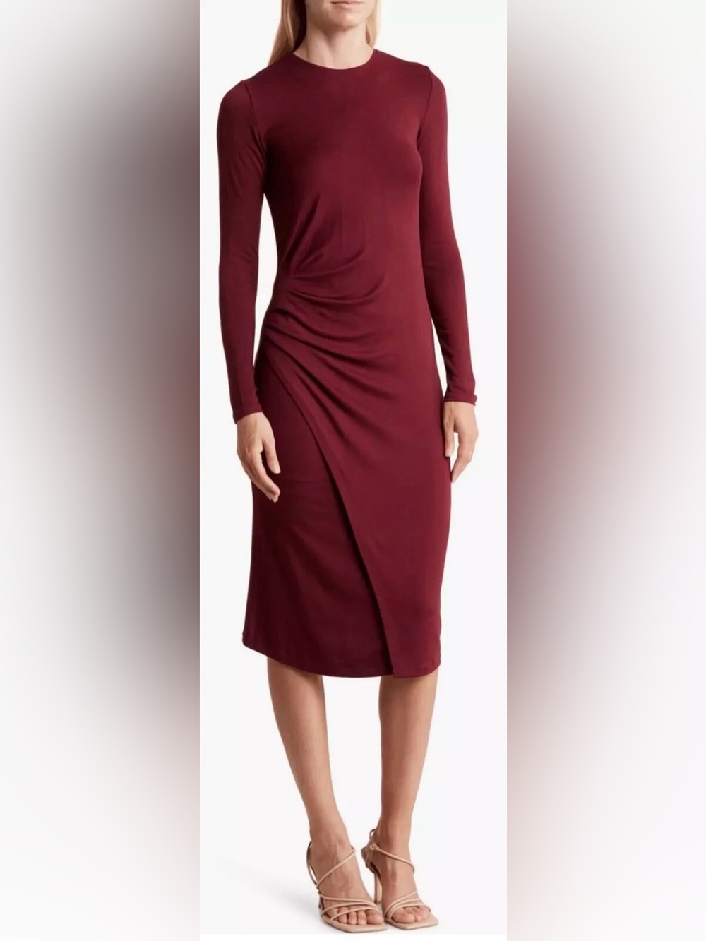 Vince Gathered Long Sleeve Midi Dress in Plum Wine Large